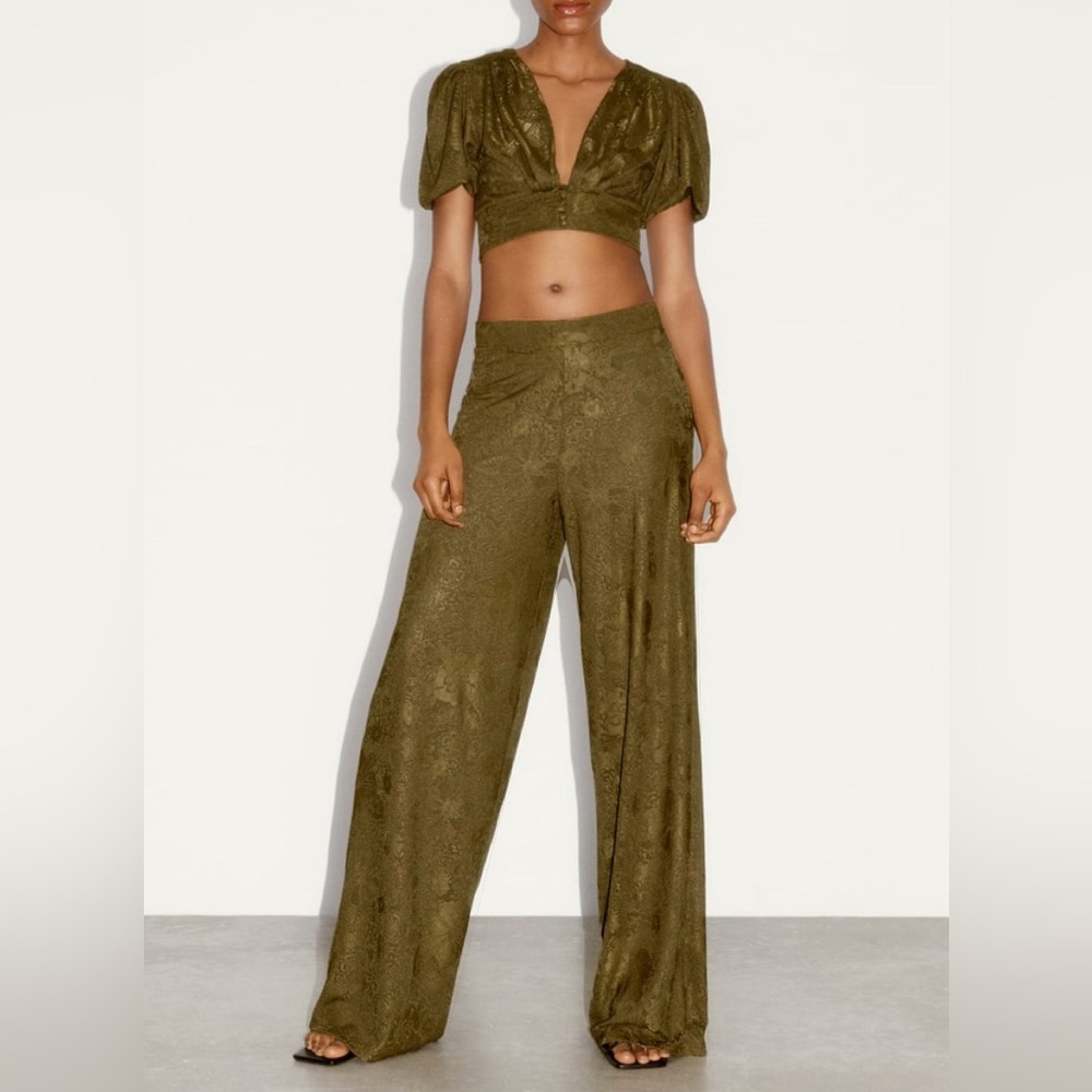 ZARA wide leg jacquard trousers and crop top set - khaki green